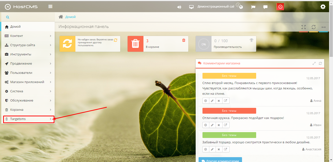 Модуль TargetSMS.ru в меню слева HostCMS. Модуль в меню